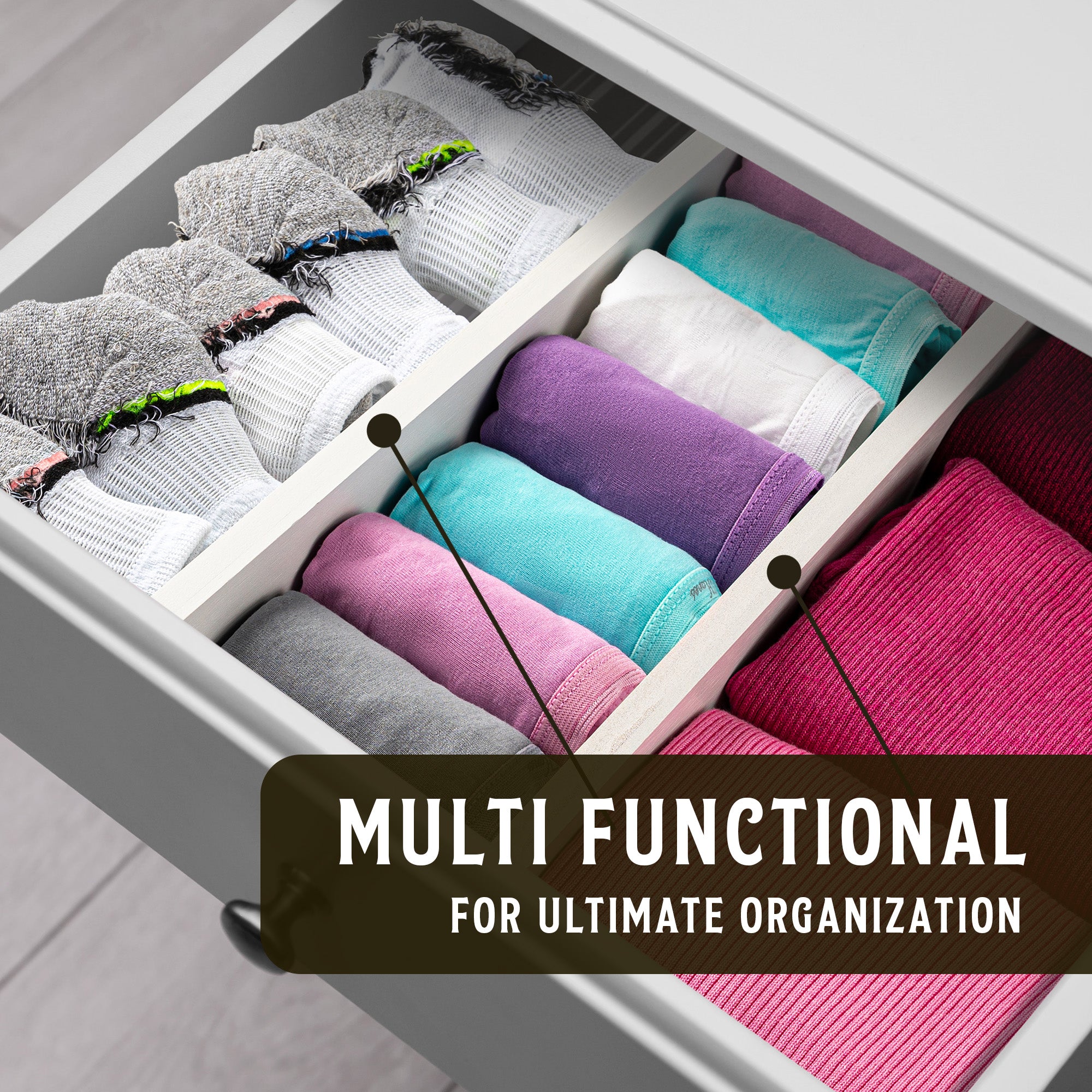 TOW Sortt. White Bamboo Drawer Dividers – Short (33–43 cm), Shallow – 4 Pack - The Organizing Warehouse