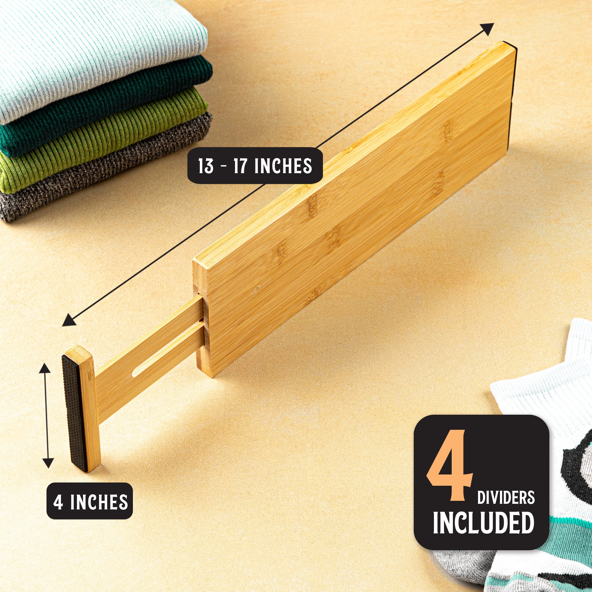 TOW Sortt. Natural Bamboo Drawer Dividers – Short (33–43 cm), Deep – 4 Pack - The Organizing Warehouse