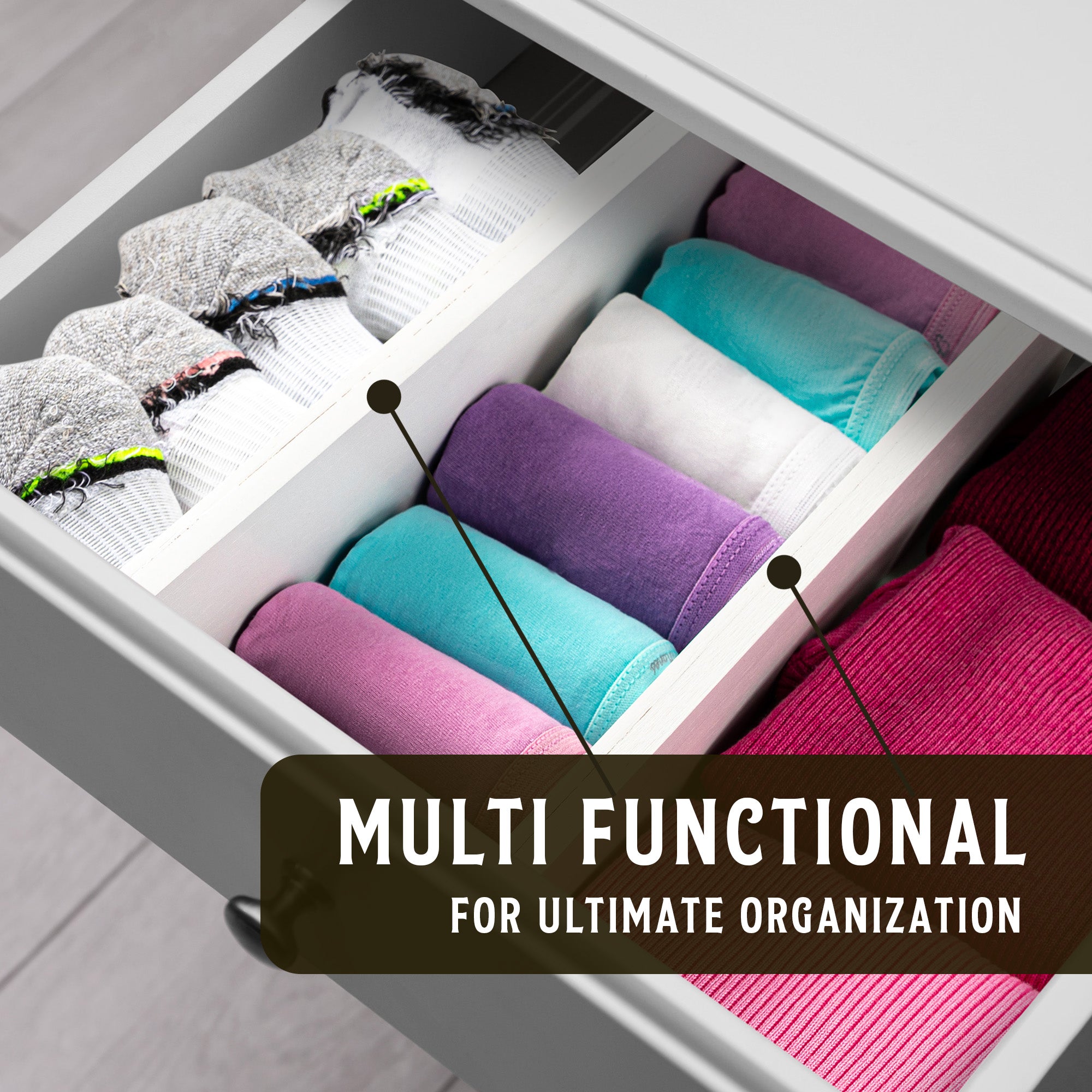 TOW Sortt. White Bamboo Drawer Dividers – Short (33–43 cm), Deep – 4 Pack - The Organizing Warehouse