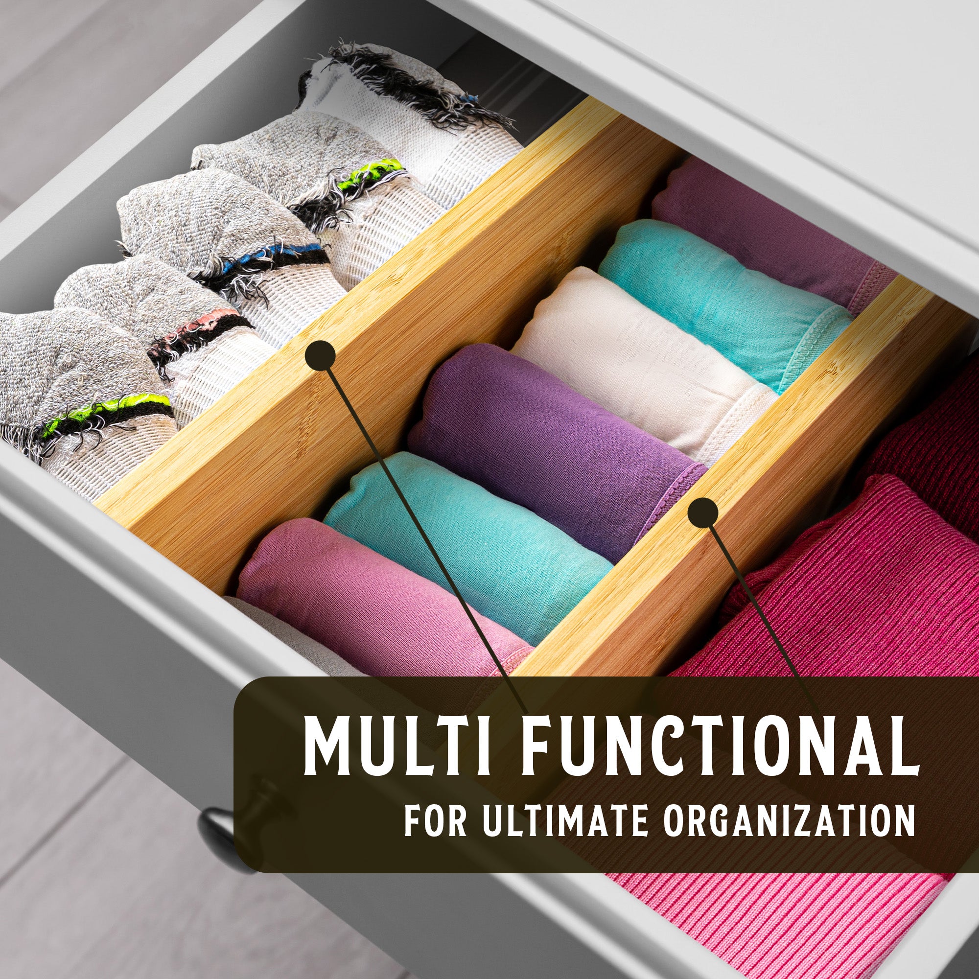 TOW Sortt. Natural Bamboo Drawer Dividers – Long (43–53 cm), Deep – 4 Pack - The Organizing Warehouse