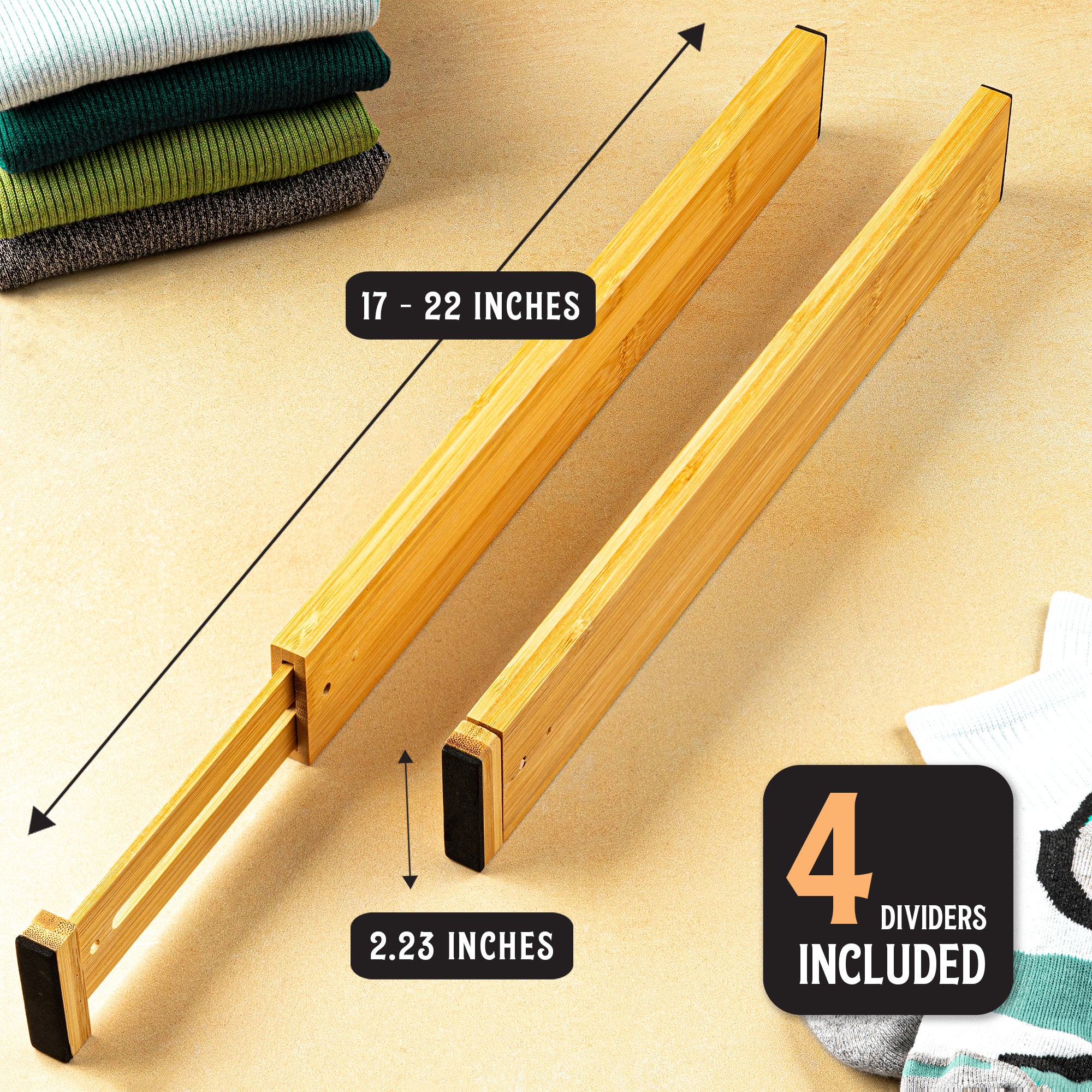 TOW Sortt. Natural Bamboo Drawer Dividers – Long (43–53 cm), Shallow – 4 Pack - The Organizing Warehouse
