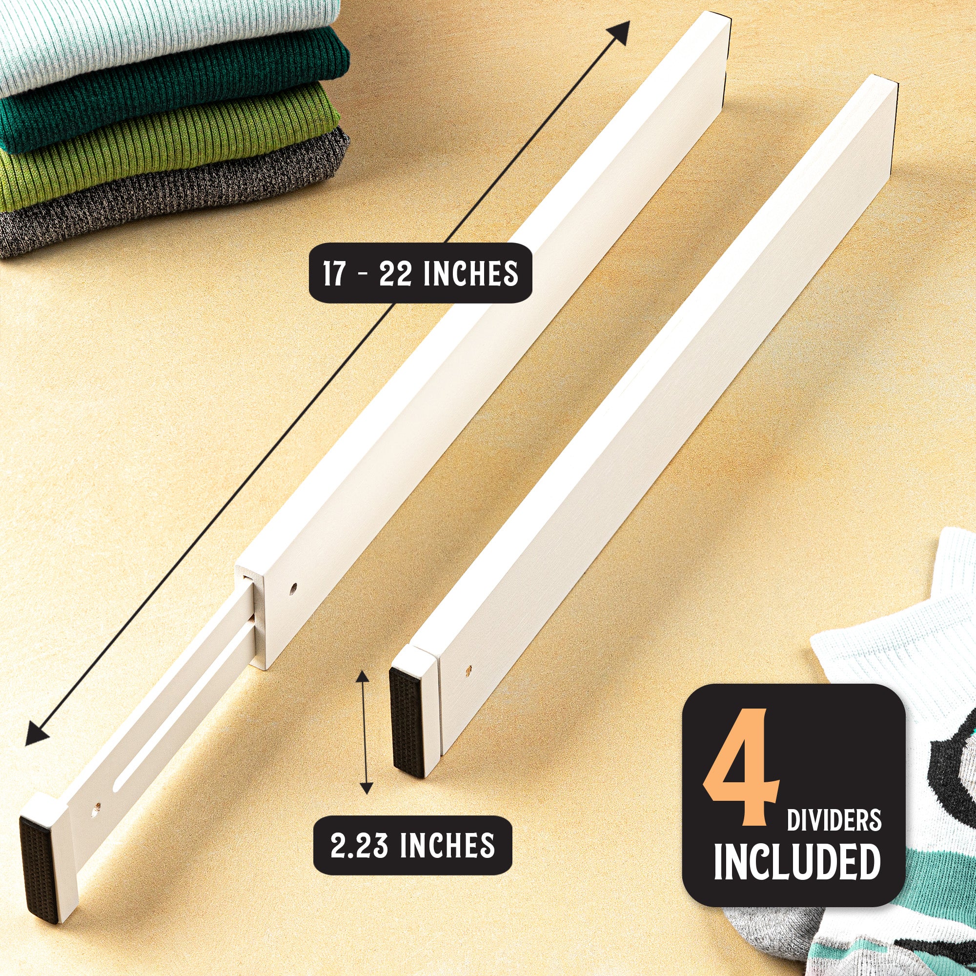 TOW Sortt. White Bamboo Drawer Dividers – Long (43–53 cm), Shallow – 4 Pack - The Organizing Warehouse