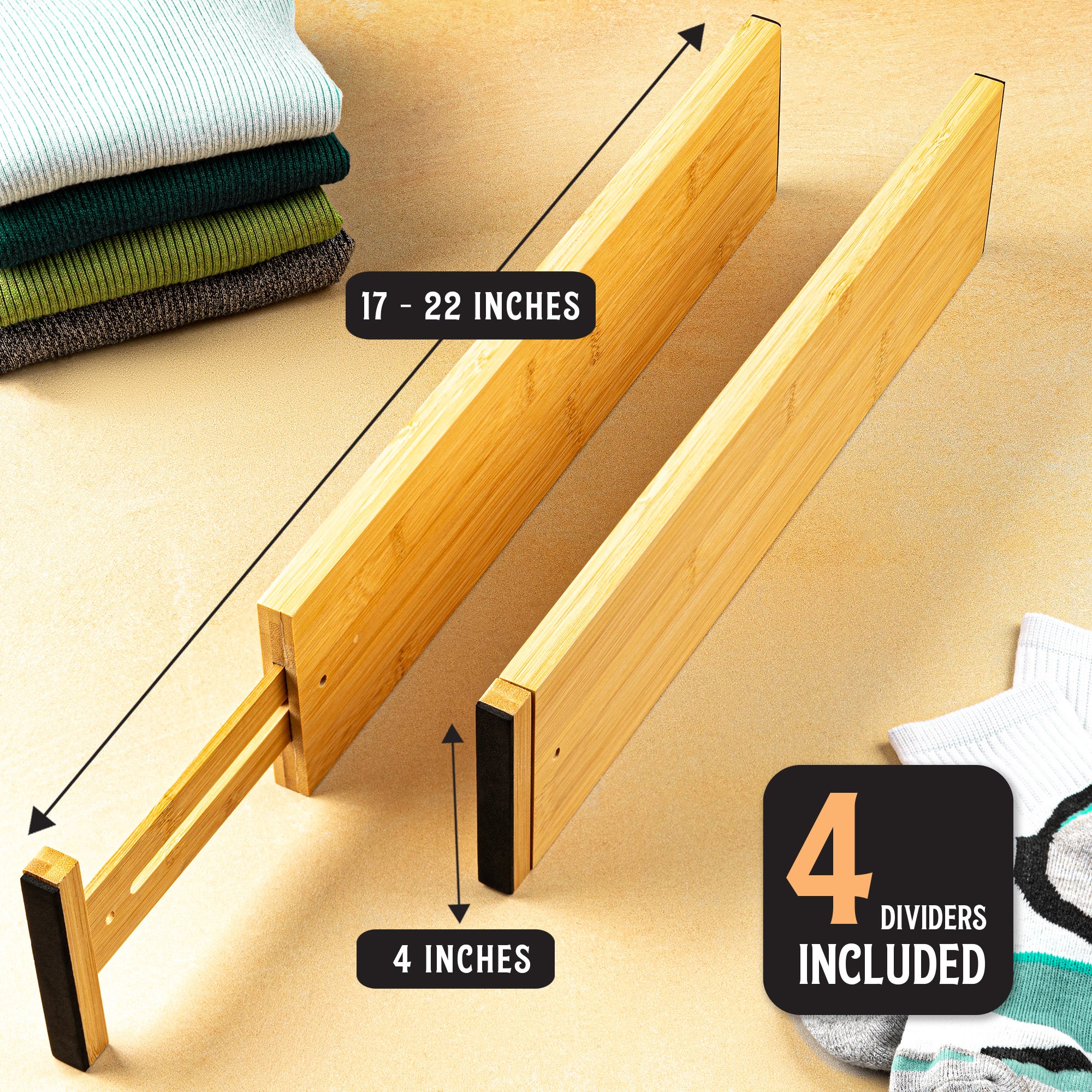 TOW Sortt. Natural Bamboo Drawer Dividers – Long (43–53 cm), Deep – 4 Pack - The Organizing Warehouse